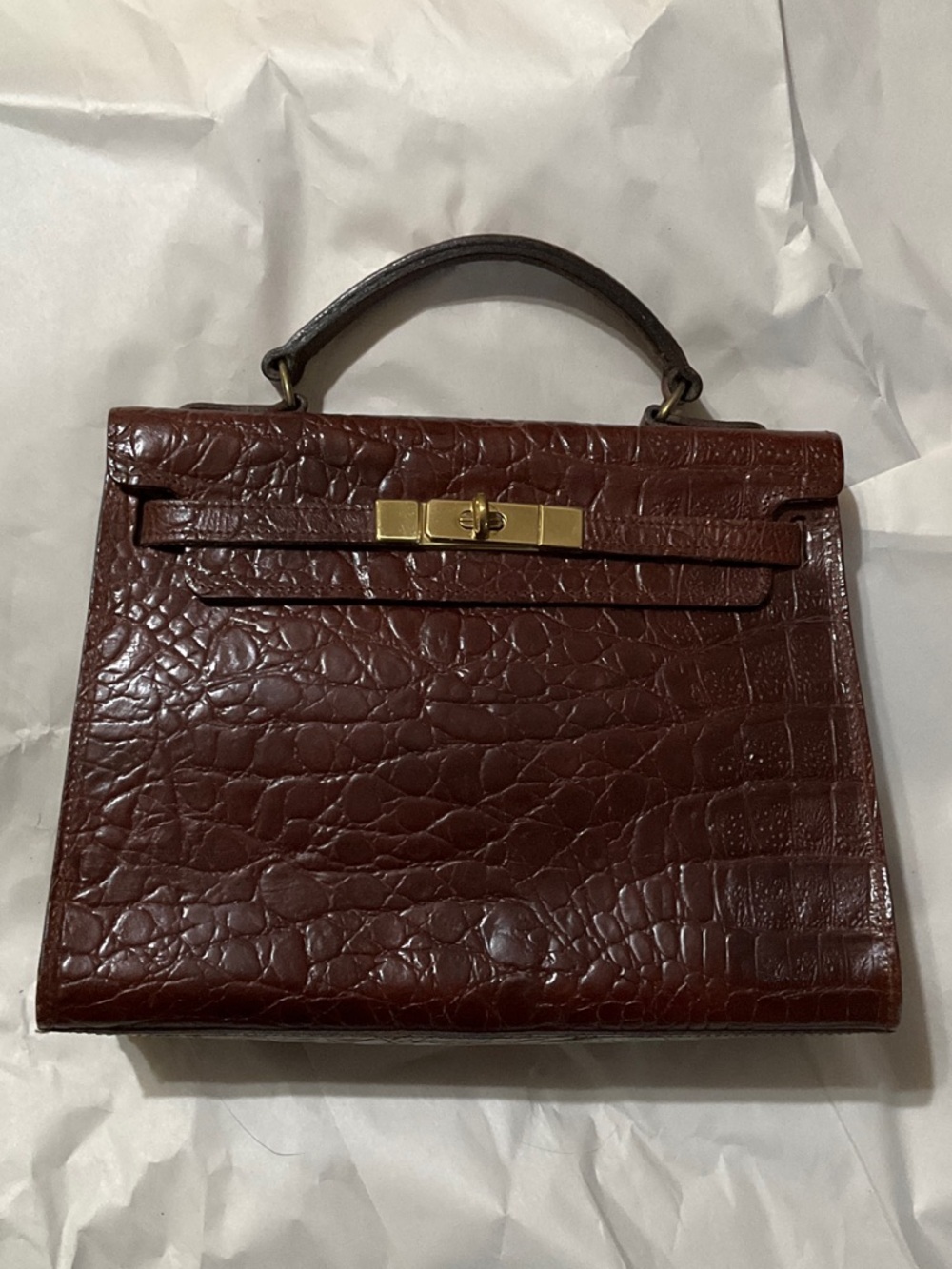 Mulberry Croc-Embossed Top Handle Satchel in Dark Brown with Gold Hardware